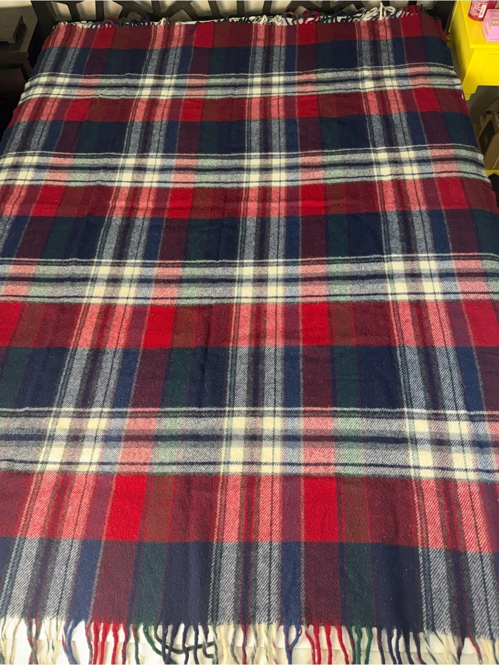Pendleton Blue Label Red Green Navy Wool Plaid stadium blanket robe in a bag